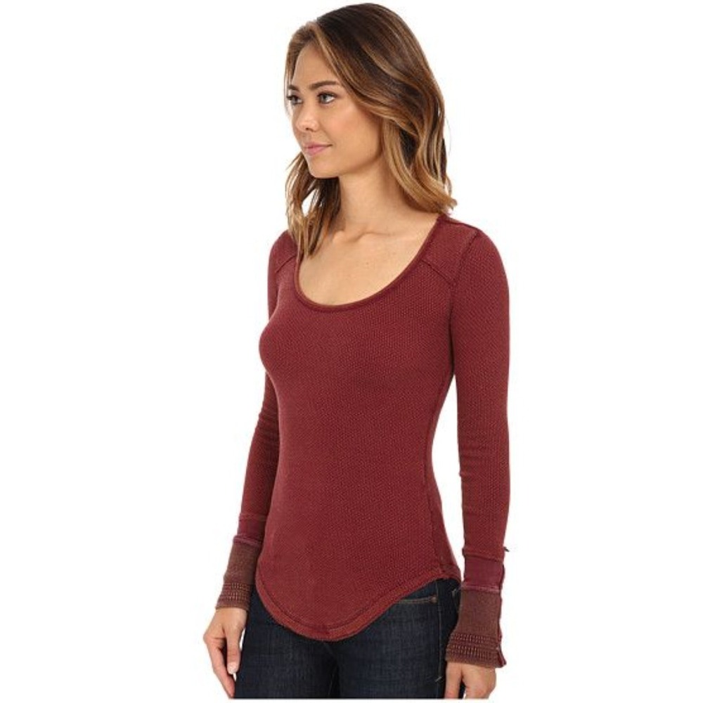 Free People We The‎ Free Thermal Scoop Neck Waffle Knit Top Burgundy Wine Small